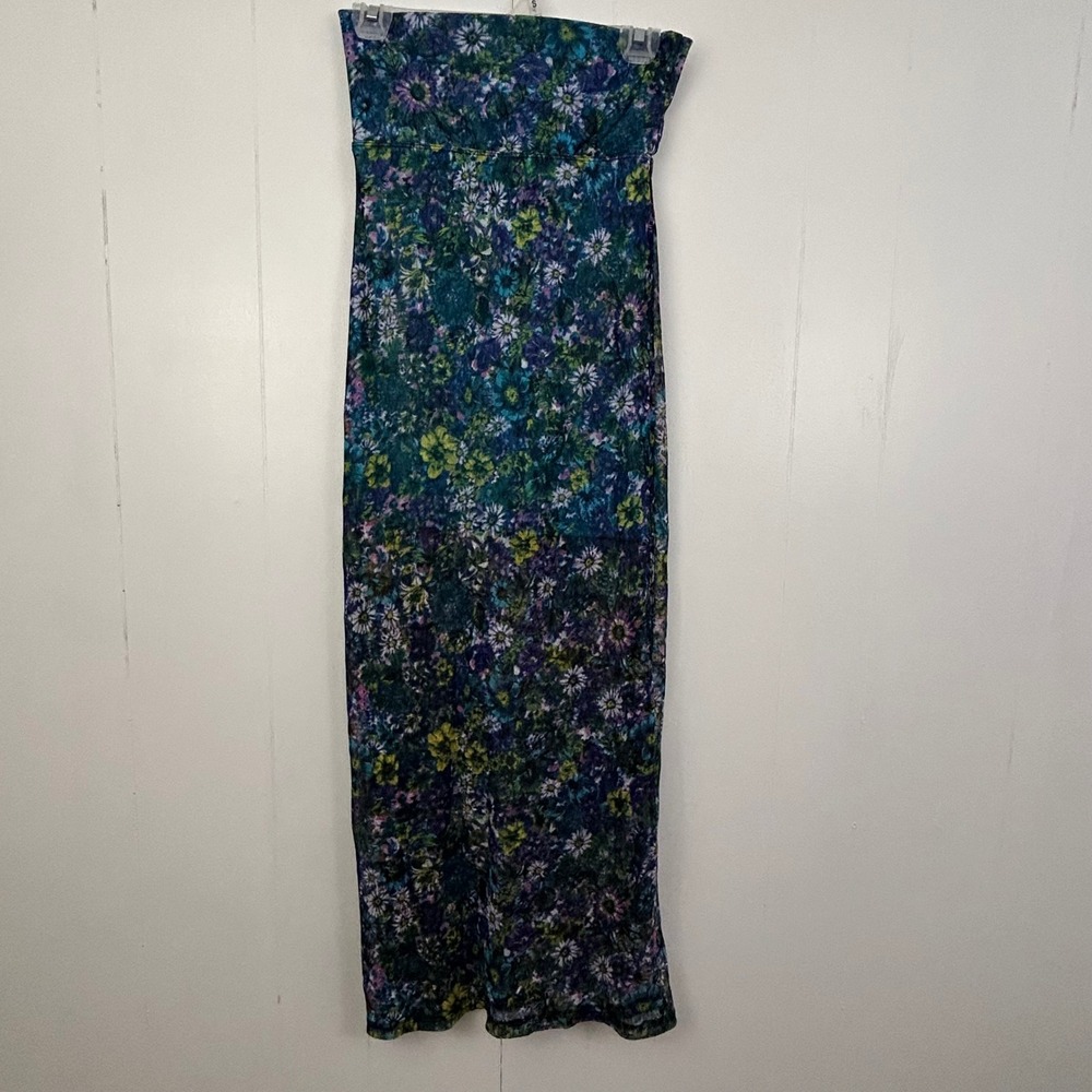 No Boundaries Foldover Waist Floral Mesh Maxi Skirt‎ Blue Green XS